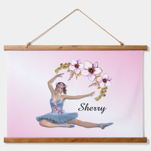 Ballerina in Blue Personal Name Pink Accent Hanging Tapestry (Front)