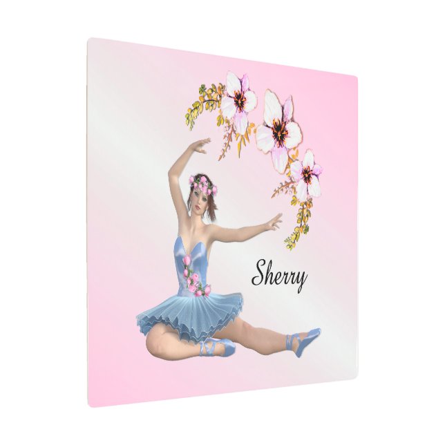 Ballerina in Blue Personal Name Pink Accent Metal Print (Angled)