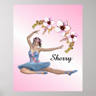 Ballerina in Blue Personal Name Pink Accent Poster