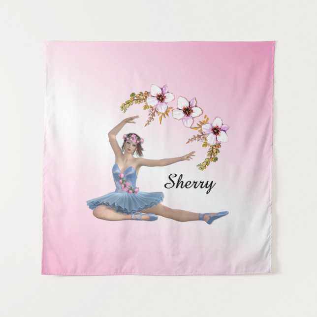 Ballerina in Blue Personal Name Pink Accent Tapestry (Front)