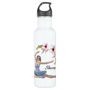 Ballerina in Blue Personal Name Pink Flowers Stainless Steel Water Bottle