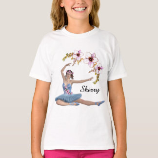 Ballerina in Blue Personal Name Pink Flowers T-Shirt