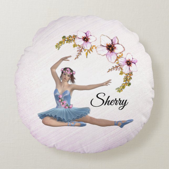 Ballerina in Blue Personal Name Pink Round Pillow (Front)