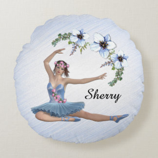 Ballerina in Blue Personal Name Round Pillow