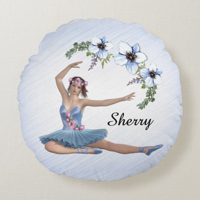 Ballerina in Blue Personal Name Round Pillow (Front)