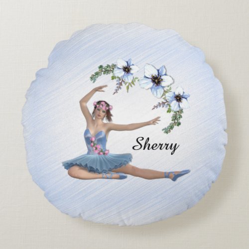 Ballerina in Blue Personal Name Round Pillow