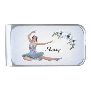 Ballerina in Blue Personal Name Silver Finish Money Clip