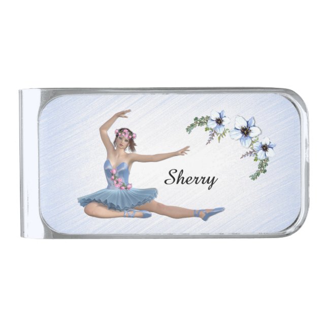 Ballerina in Blue Personal Name Silver Finish Money Clip (Front)