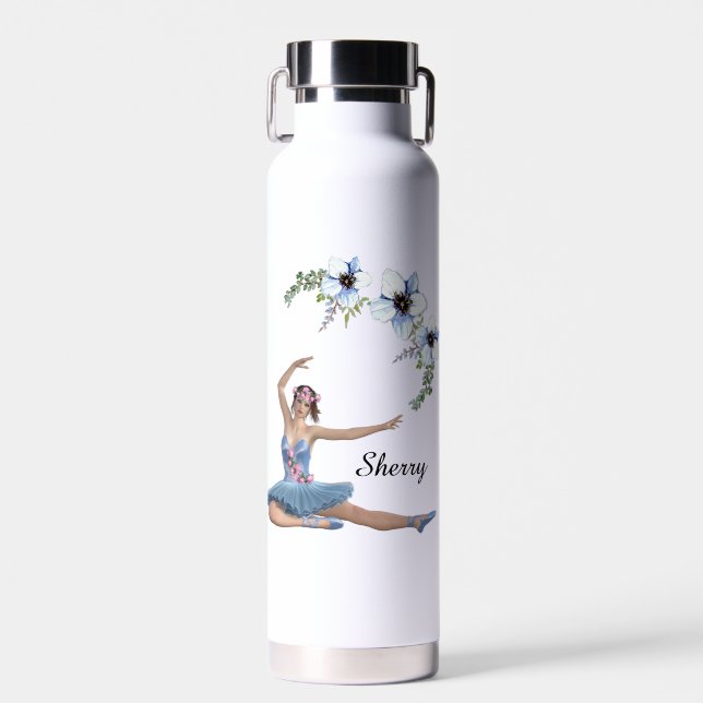Ballerina in Blue Personal Name Water Bottle (Front)