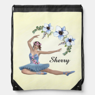 Ballerina in Blue Personal Name Yellow Drawstring Bag