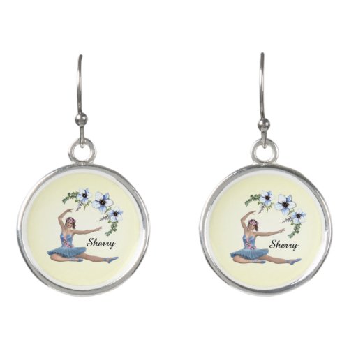 Ballerina in Blue Personal Name Yellow Earrings