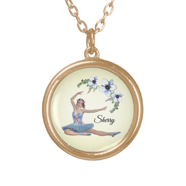 Ballerina in Blue Personal Name Yellow Gold Plated Necklace (Front)