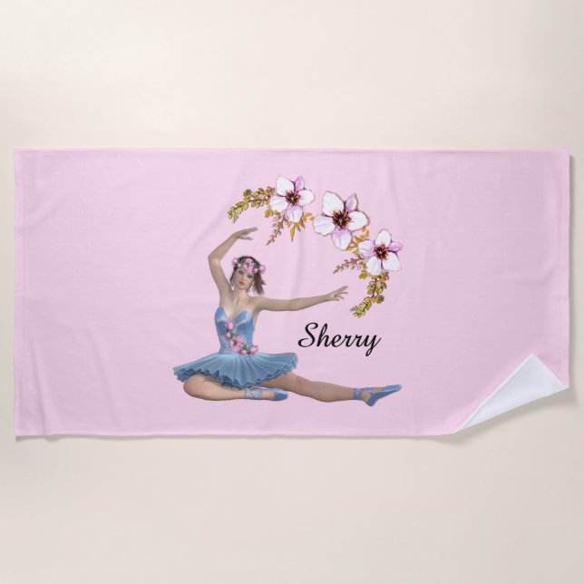 Ballerina in Blue Personal Pink Beach Towel (Front)