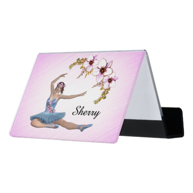 Ballerina in Blue Personal Pink Desk Business Card Holder (Angled Back)