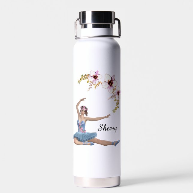 Ballerina in Blue Personal Pink Flowers Water Bottle (Back)