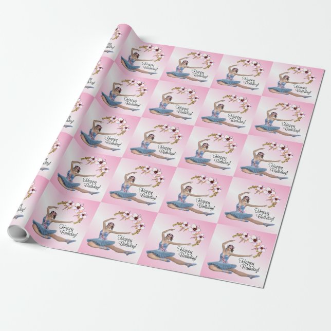 Ballerina in Blue Personalize Birthday on Pink Wrapping Paper (Unrolled)