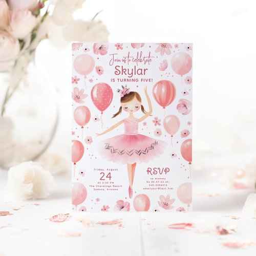 Ballerina in Pink Dress Floral Balloons Birthday Invitation