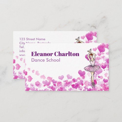 Ballerina in Pink Dress Hearts Pattern White Business Card