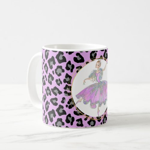 Ballerina in pink on leopard skin fur pattern coffee mug