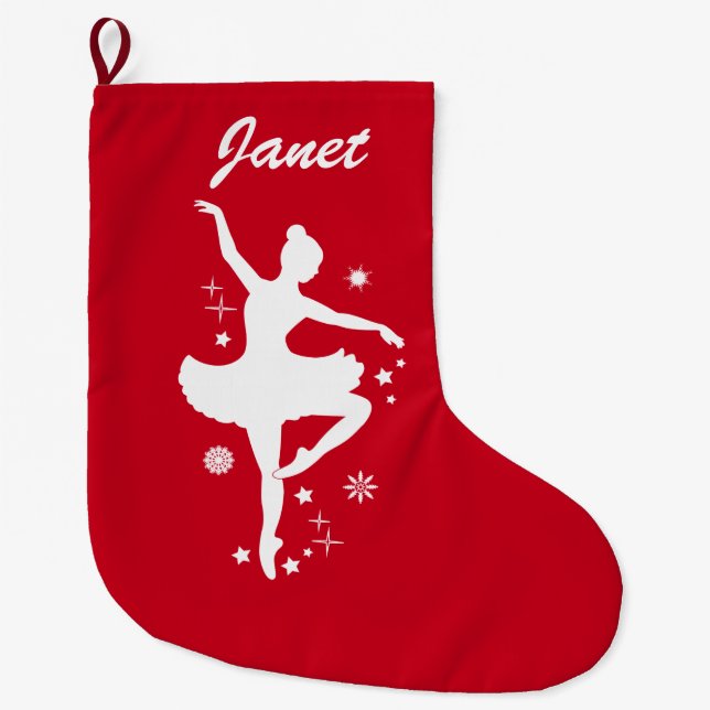 Ballerina in Snow in Silhouette Name Customizable Large Christmas Stocking (Front)