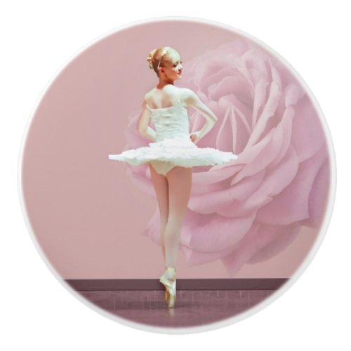 Ballerina in White with Pink Rose Ceramic Knob