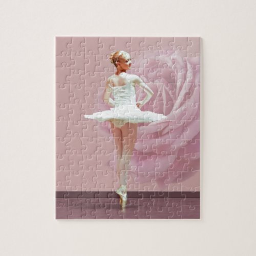 Ballerina in White with Pink Rose Jigsaw Puzzle