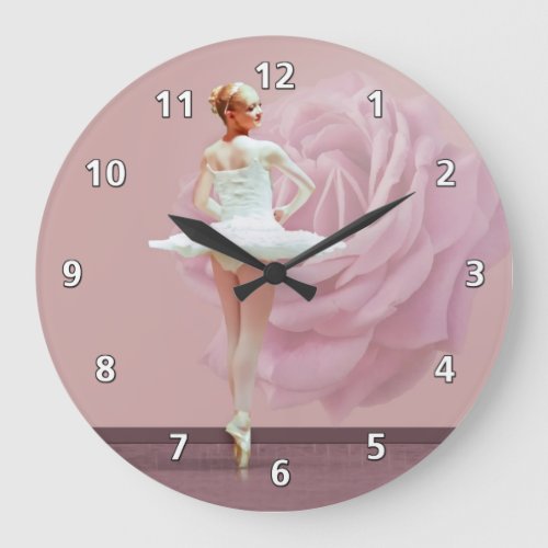 Ballerina in White with Pink Rose Large Clock