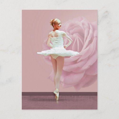 Ballerina in White with Pink Rose Postcard