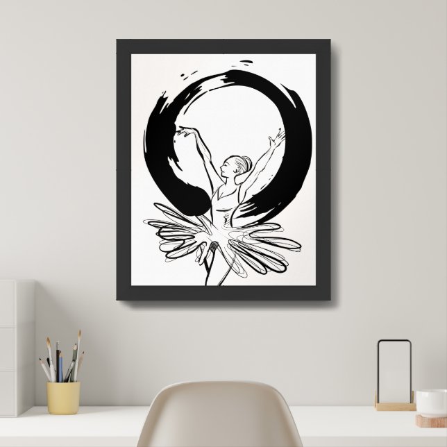Ballerina in Zen Circle Ink Sketch Framed Art (Home Office)