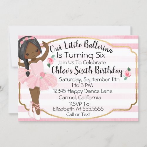 Ballerina Little Girl Pink Stripes Birthday Invitation