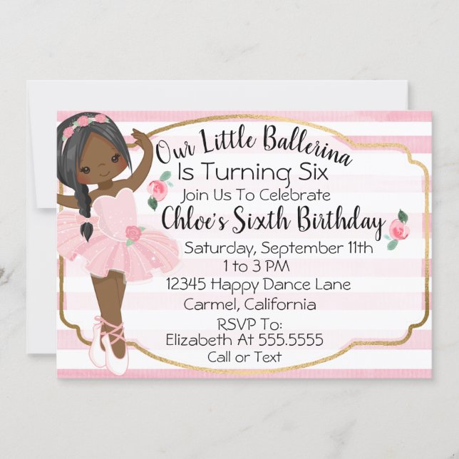 Ballerina Little Girl Pink Stripes Birthday Invitation (Front)