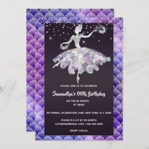 Ballerina mermaid glitter pink purple girls party invitation