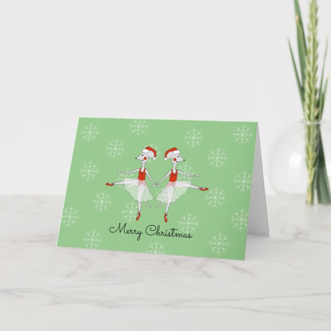 Ballerina Mice Twins Snowflakes Christmas Holiday Card (Front)