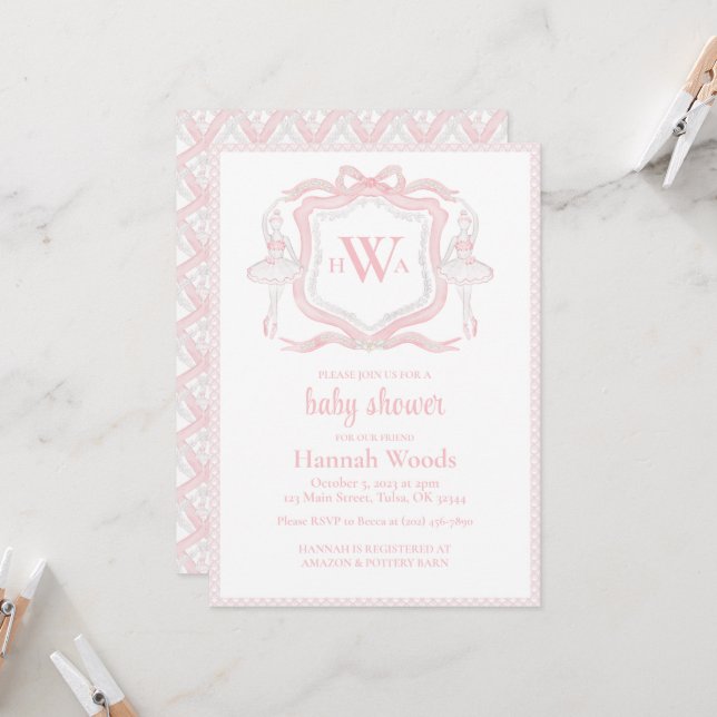 Ballerina Monogram Grandmillennial Baby Shower Invitation (Front/Back In Situ)
