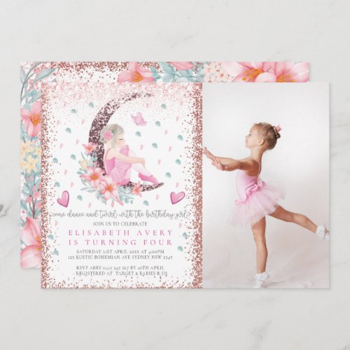 Ballerina Moon Pastel Pink Glitter Birthday Photo Invitation
