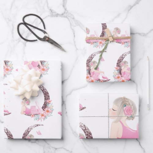 Ballerina Moon Pastel Pink Glitter Wrapping Paper Sheets