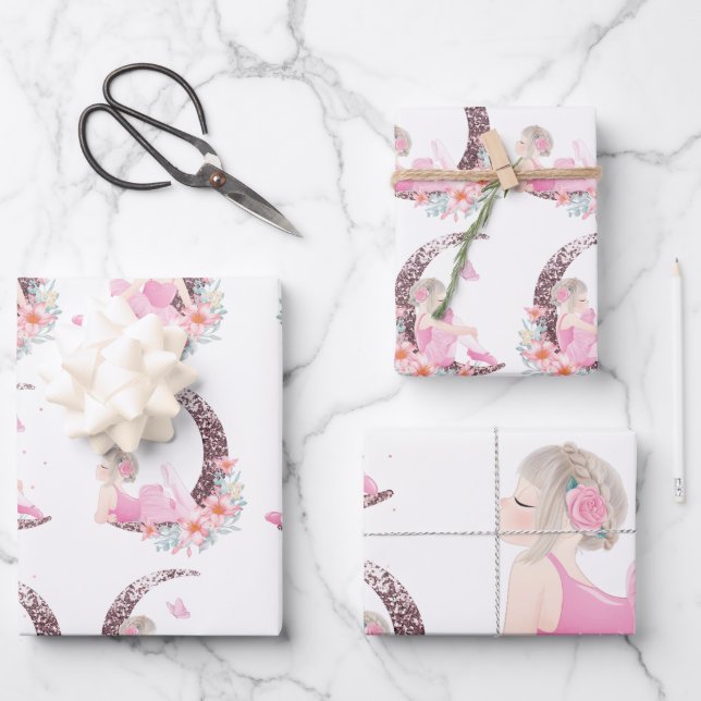 Ballerina Moon Pastel Pink Glitter Wrapping Paper Sheets (Front)