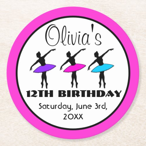 Ballerina Neon Ballet Dancers Dance Birthday Party Round Paper Coaster