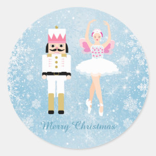 Ballerina & Nutcracker on blue Christmas Classic Round Sticker