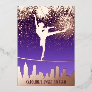 Ballerina NYC Skyline Fireworks Sweet 16 Rose Gold Foil Invitation