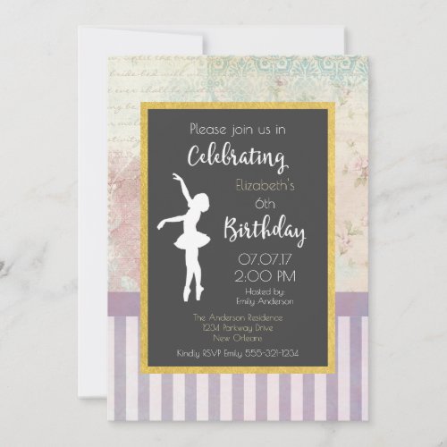 Ballerina on Shabby Vintage Design Birthday Party Invitation