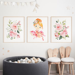 Ballerina, Orange Hair, Pink Flowers, Girl Nursery Wall Art Sets