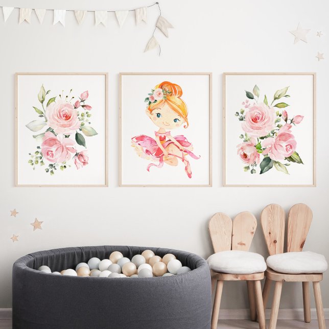 Ballerina, Orange Hair, Pink Flowers, Girl Nursery Wall Art Sets (Creator Uploaded)