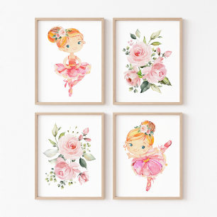 Ballerina, Orange Hair, Pink Flowers, Girl Nursery Wall Art Sets