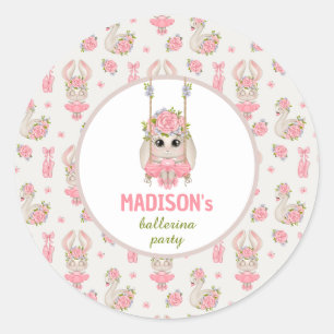 Ballerina party pink floral bunny girl birthday classic round sticker