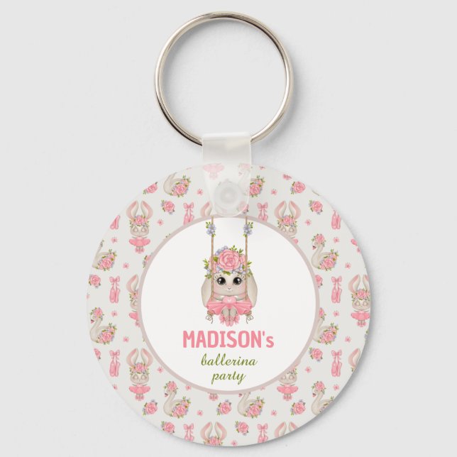 Ballerina party pink floral bunny girl birthday keychain (Front)