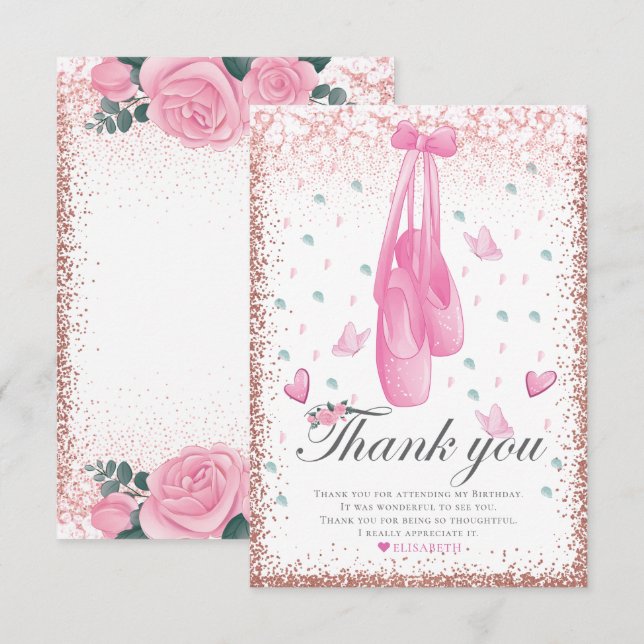 Ballerina Pastel Pink Glitter Birthday Thank You Card (Front/Back)