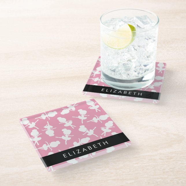 Ballerina Pattern, Ballet Girls, Dance, Your Name Glass Coaster (Angled)