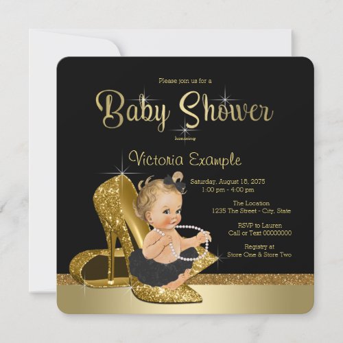 Ballerina Pearls Black Gold Shoe Baby Shower Invitation