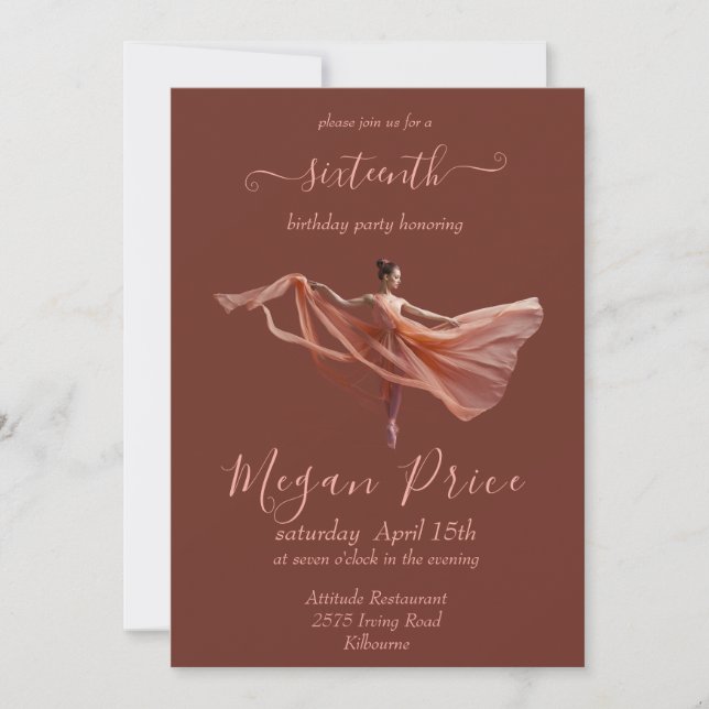 Ballerina pink and burgundy, sixteen birthday  invitation (Front)